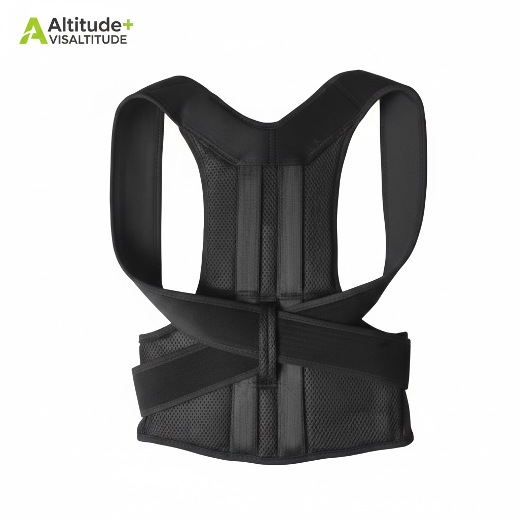 Correcteur de posture Altitude+ VISALTITUDE noir en néoprène sur fond blanc - Soutien dorsal et maintien des épaules pour randonnée