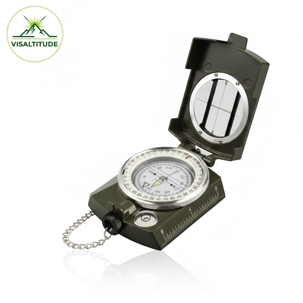 Boussole militaire de précision Altitude+ VISALTITUDE en alliage de zinc vert olive, posée sur fond blanc avec logo VISALTITUDE et reflet