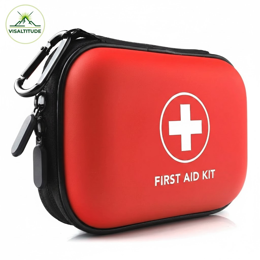 Trousse de secours Altitude+ Visaltitude rouge en EVA avec logo en haut à gauche et croix blanche.