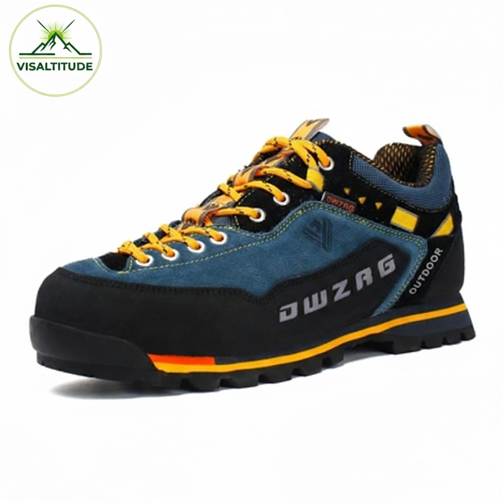Chaussure de randonnée technique DWZRG bleue et jaune avec logo Visaltitude, catégorie Équipement &amp; Performance.