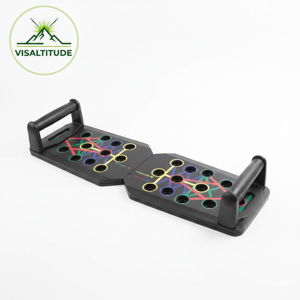 Planche de fitness multifonctionnelle Visaltitude avec système de pompes codé par couleurs et poignées ergonomiques sur fond blanc
