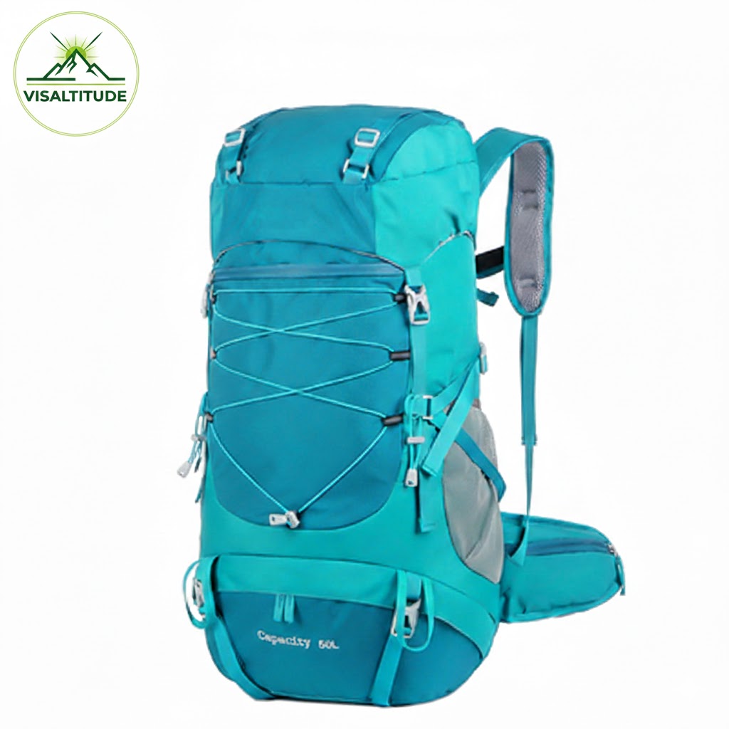 Sac à dos de randonnée 50L bleu ciel Visaltitude avec logo, sangles de compression et compartiment frontal, sur fond blanc