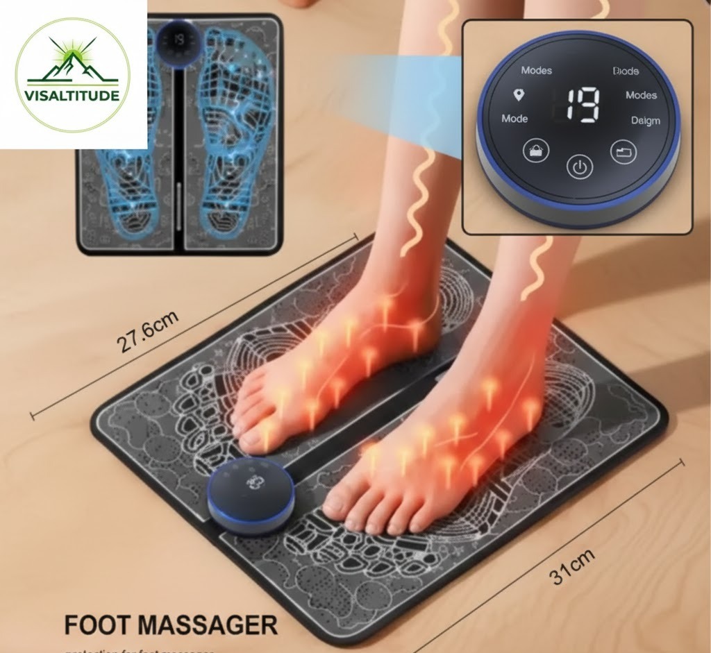 Tapis masseur de pieds EMS Altitude+ Visaltitude avec contrôleur détachable affichant 19 niveaux dintensité, montrant leffet de stimulation musculaire sur la voûte plantaire