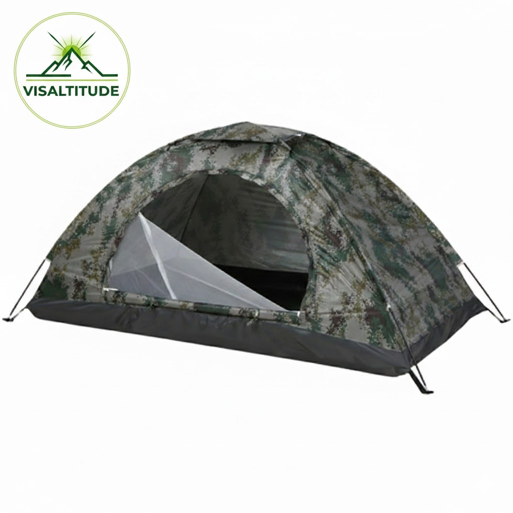 Tente de bivouac ultra-légère Visaltitude monocouche avec logo Visaltitude dans le coin supérieur gauche sur fond blanc