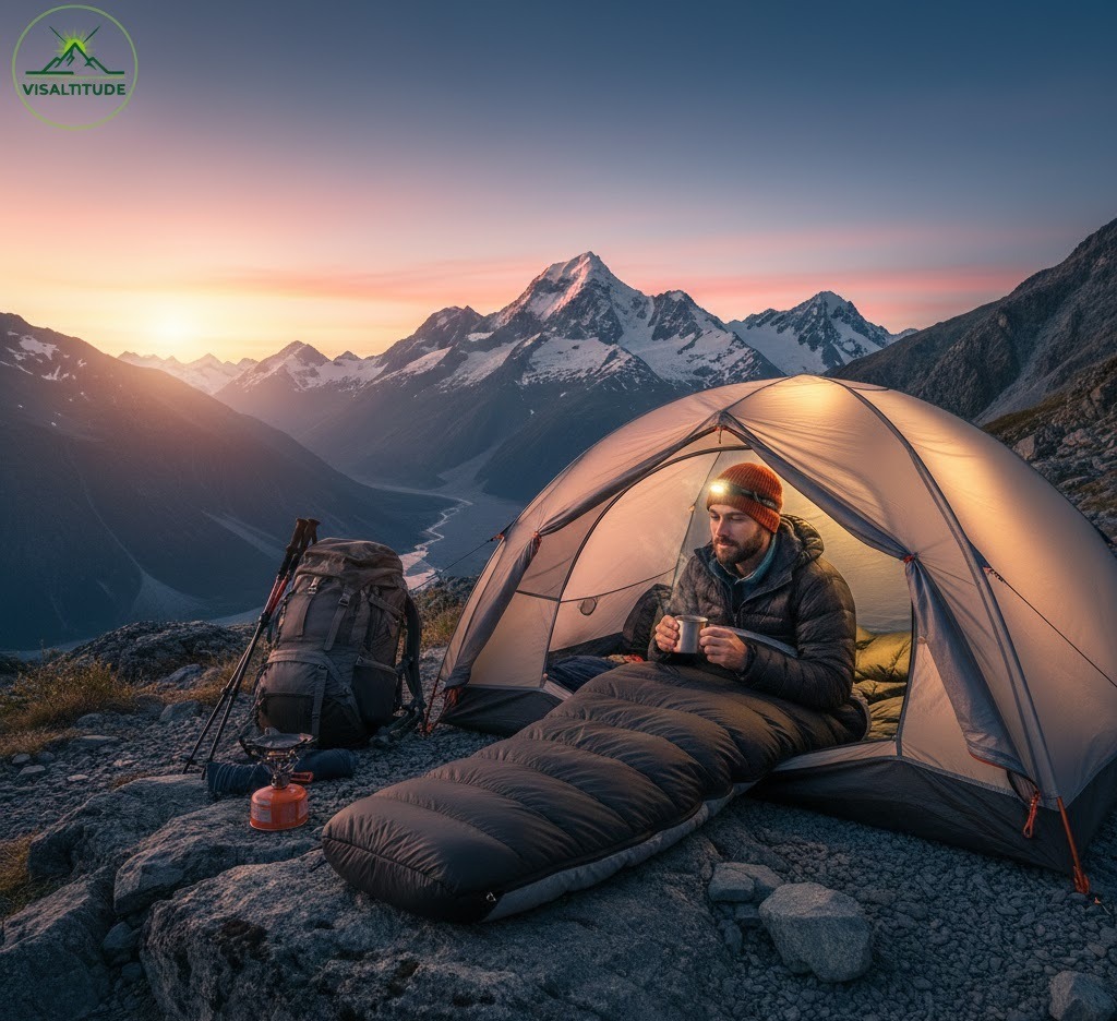 Randonneur confortablement installé dans un sac de couchage Visaltitude noir, buvant une boisson chaude à lentrée de sa tente au coucher du soleil en montagne, avec logo Visaltitude en haut à gauche