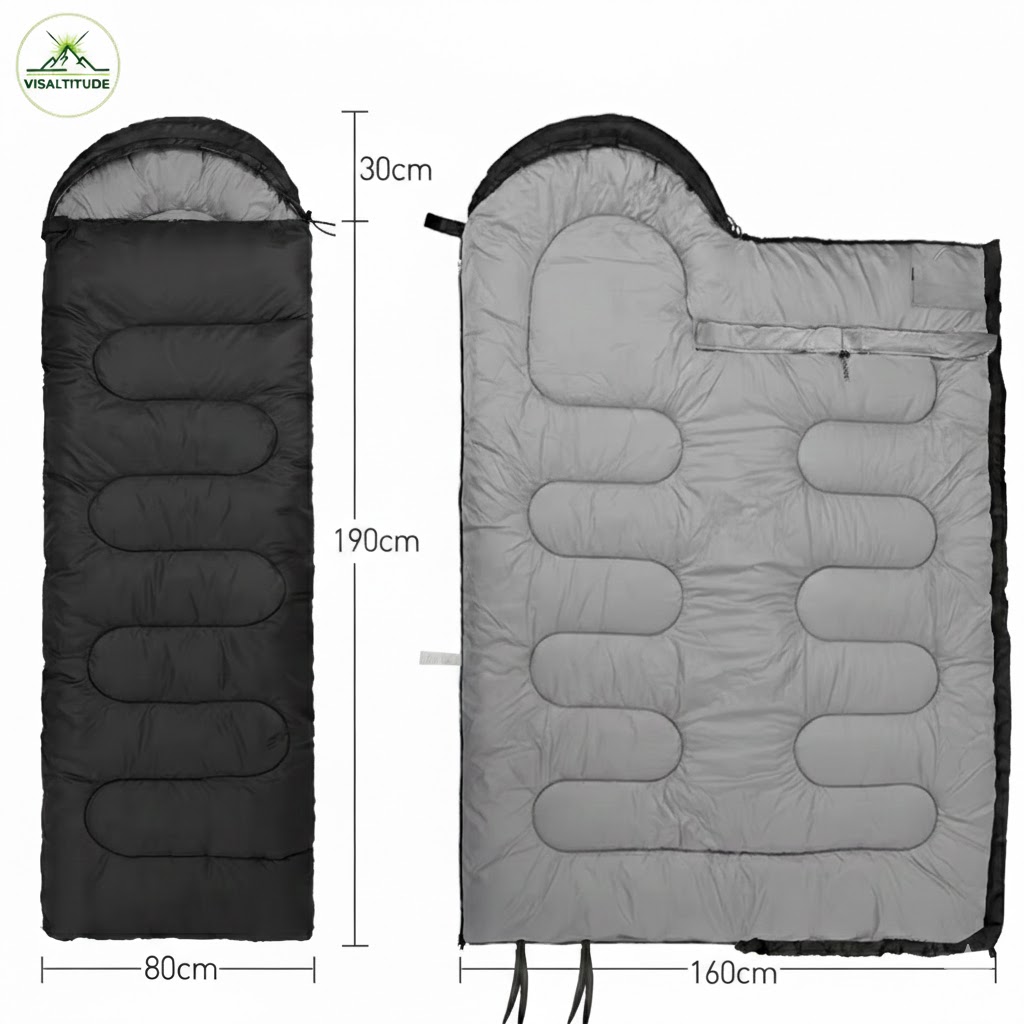 Schéma technique du sac de couchage Visaltitude montrant les dimensions déplié (190x80cm + 30cm capuche) et ouvert (160x160cm), avec logo Visaltitude en haut à gauche sur fond blanc