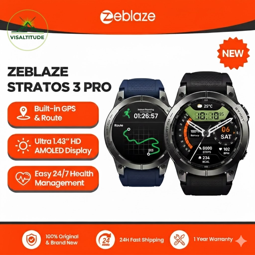 Présentation technique de la montre Zeblaze Stratos 3 PRO avec logo Visaltitude mettant en avant le GPS intégré, lécran AMOLED  et le suivi de santé sur fond orange et blanc