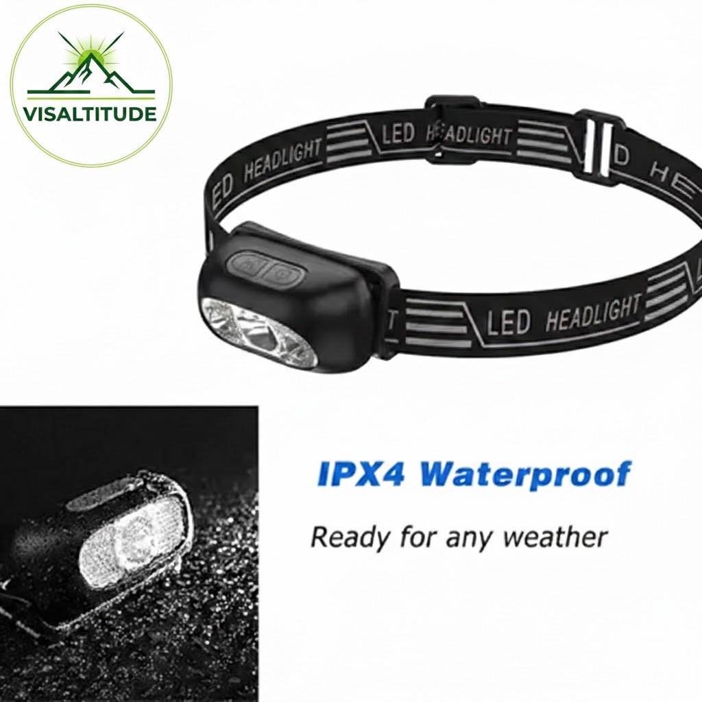 Lampe frontale noire haute performance avec bandeau réglable, logo Visaltitude en haut à gauche et encart technique montrant la résistance à leau IPX4 sur fond blanc