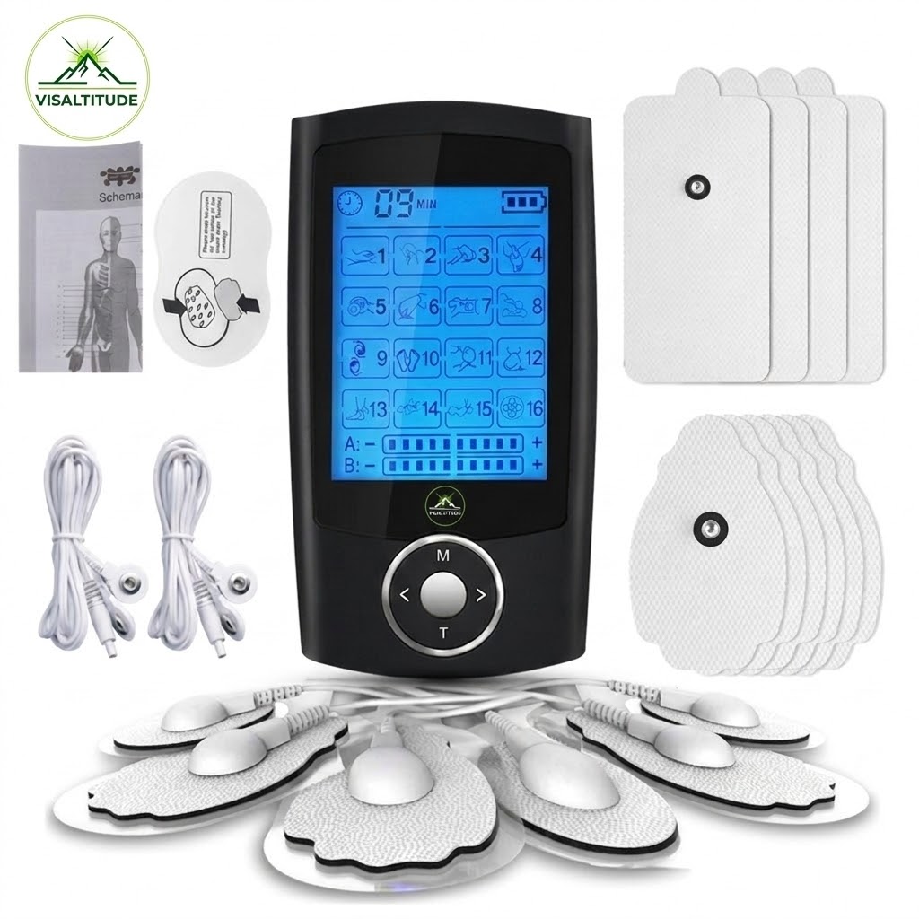 Appareil délectrostimulation Visaltitude noir avec écran LCD bleu incluant ses accessoires avec électrodes de différentes tailles avec des câbles de connexion et adaptateur secteur et guide des points dacupuncture sur fond blanc