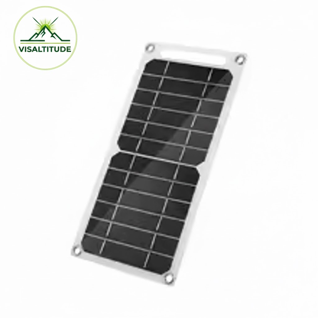 Panneau solaire portable flexible Visaltitude 6W avec technologie monocristalline, cadre noir et œillets de fixation, affichant le logo Visaltitude en haut à gauche sur fond blanc