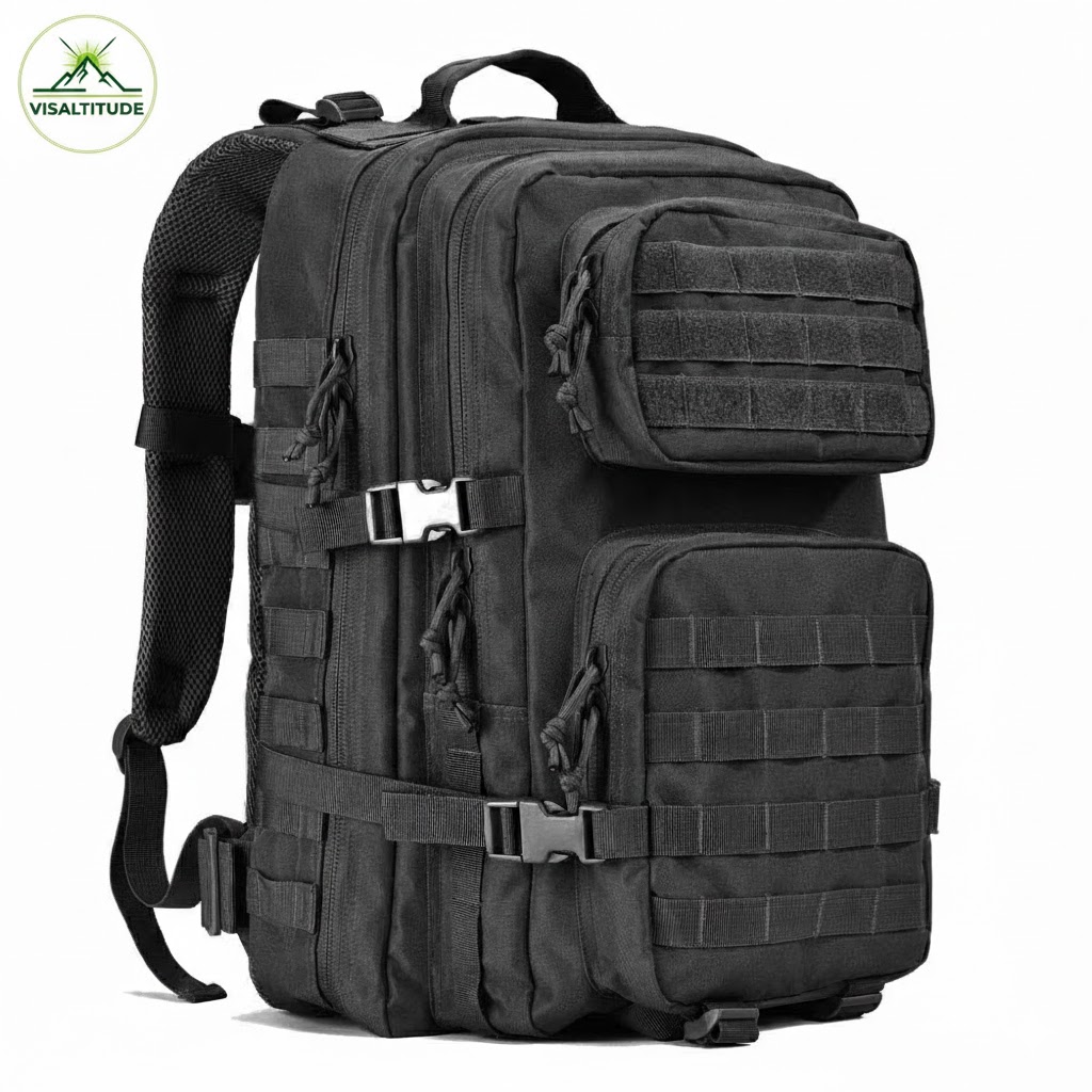 Sac à dos tactique Visaltitude 45L de couleur noire, modèle Assault Pack avec sangles MOLLE, bretelles rembourrées et logo Visaltitude affiché en haut à gauche