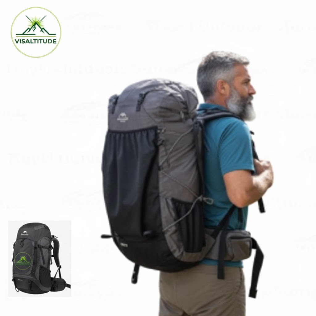 Sac de randonnée technique Visaltitude 65L porté par un homme en plein air, avec une vignette du sac seul en bas à gauche affichant le logo Visaltitude