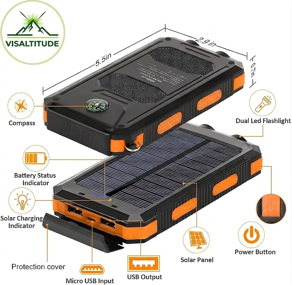 Vue éclatée et diagramme technique de la batterie solaire Visaltitude 80000mAh, montrant ses dimensions compactes, le panneau solaire intégré, la double lampe torche LED, la boussole et les multiples ports USB protégés