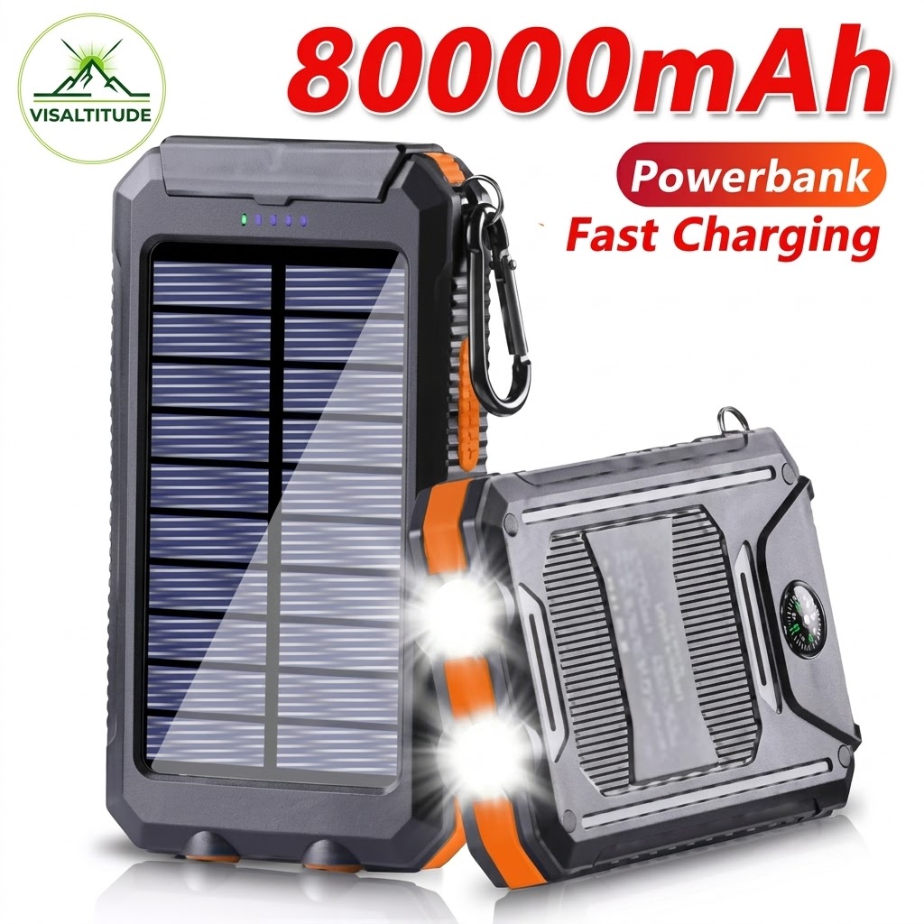 Batterie externe solaire Visaltitude 80000mAh haute capacité avec charge rapide, panneau solaire intégré, double lampe torche LED puissante et boussole de survie pour la randonnée