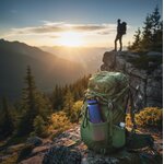 Gourde de randonnée givrée Visaltitude dégradée bleue et rose rangée dans la poche latérale dun sac à dos de trekking, paysage de montagne au coucher du soleil