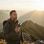 Randonneur en montagne au coucher du soleil tenant lappareil dexercice respiratoire Visaltitude pour une séance de renforcement pulmonaire en plein air.