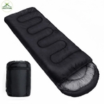 Sac de couchage Visaltitude noir type enveloppe déplié à côté de son sac de compression, avec logo Visaltitude en haut à gauche sur fond blanc