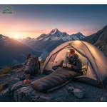 Randonneur confortablement installé dans un sac de couchage Visaltitude noir, buvant une boisson chaude à lentrée de sa tente au coucher du soleil en montagne, avec logo Visaltitude en haut à gauche