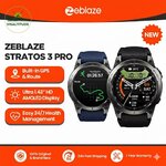 Présentation technique de la montre Zeblaze Stratos 3 PRO avec logo Visaltitude mettant en avant le GPS intégré, l'écran AMOLED  et le suivi de santé sur fond orange et blanc