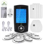 Appareil d'électrostimulation Visaltitude noir avec écran LCD bleu incluant ses accessoires avec électrodes de différentes tailles avec des câbles de connexion et adaptateur secteur et guide des points d'acupuncture sur fond blanc