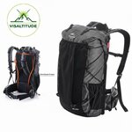 Sac de randonnée technique Visaltitude 65L (60+5L) de couleur grise, présentant une vue de face et une vue arrière avec armature interne en aluminium, affichant le logo Visaltitude en haut à gauche