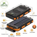 Vue éclatée et diagramme technique de la batterie solaire Visaltitude 80000mAh, montrant ses dimensions compactes, le panneau solaire intégré, la double lampe torche LED, la boussole et les multiples ports USB protégés