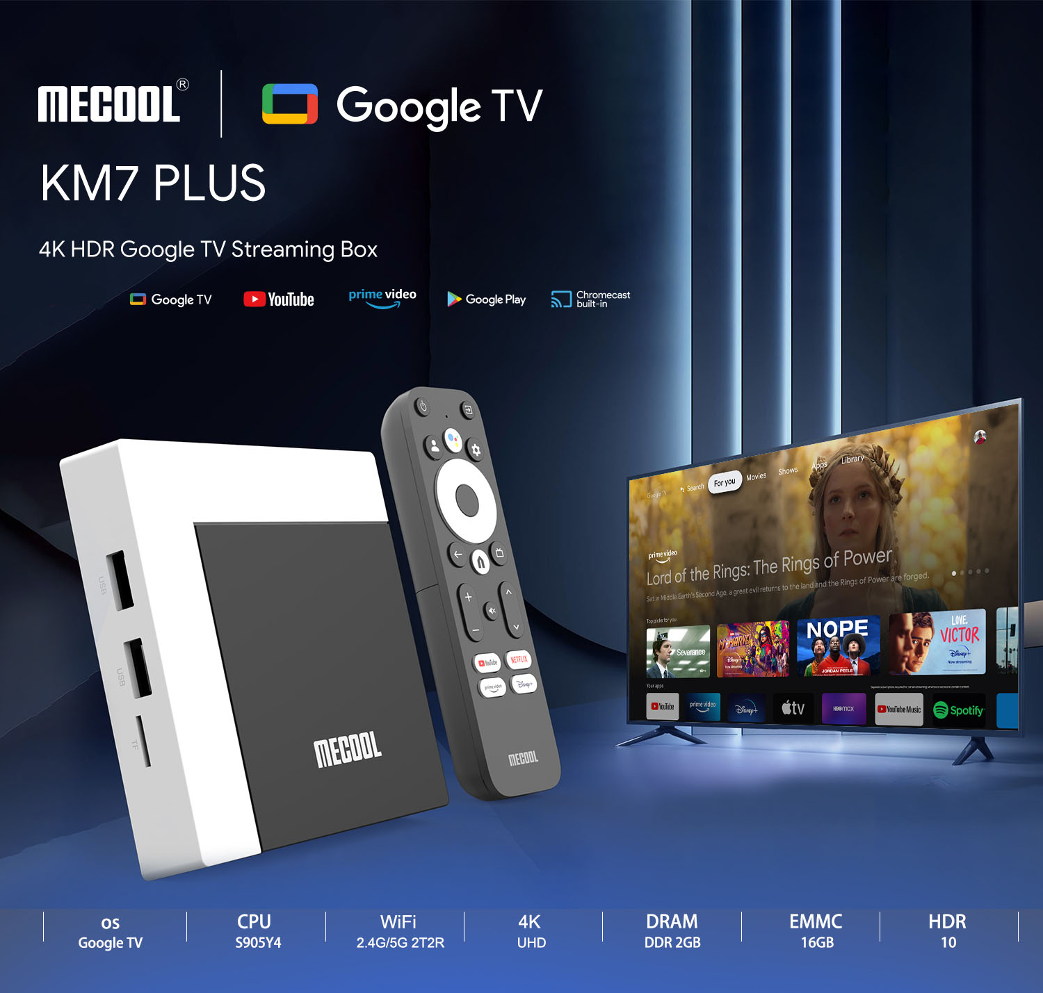 MECOOL Google TV Box KM7 PLUS 2 GO DDR4 16 GO Android 11 Google