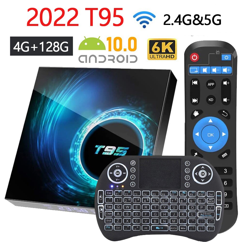 Décodeur T95 Smart TV Box, Lecteur Multimédia 4K 6K avec Android 10, Wifi 2.4 et 5 GHz, Voix 3D, Quad Core, 16 32 64 ou 128 Go, Dernière Version, 2022