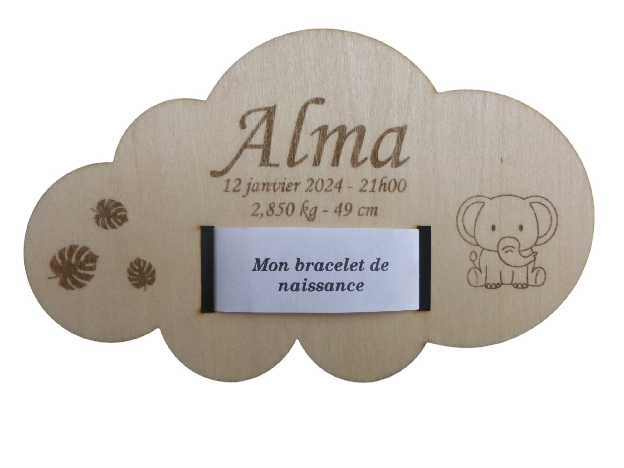 nuage en bois gravé bracelet de naissance