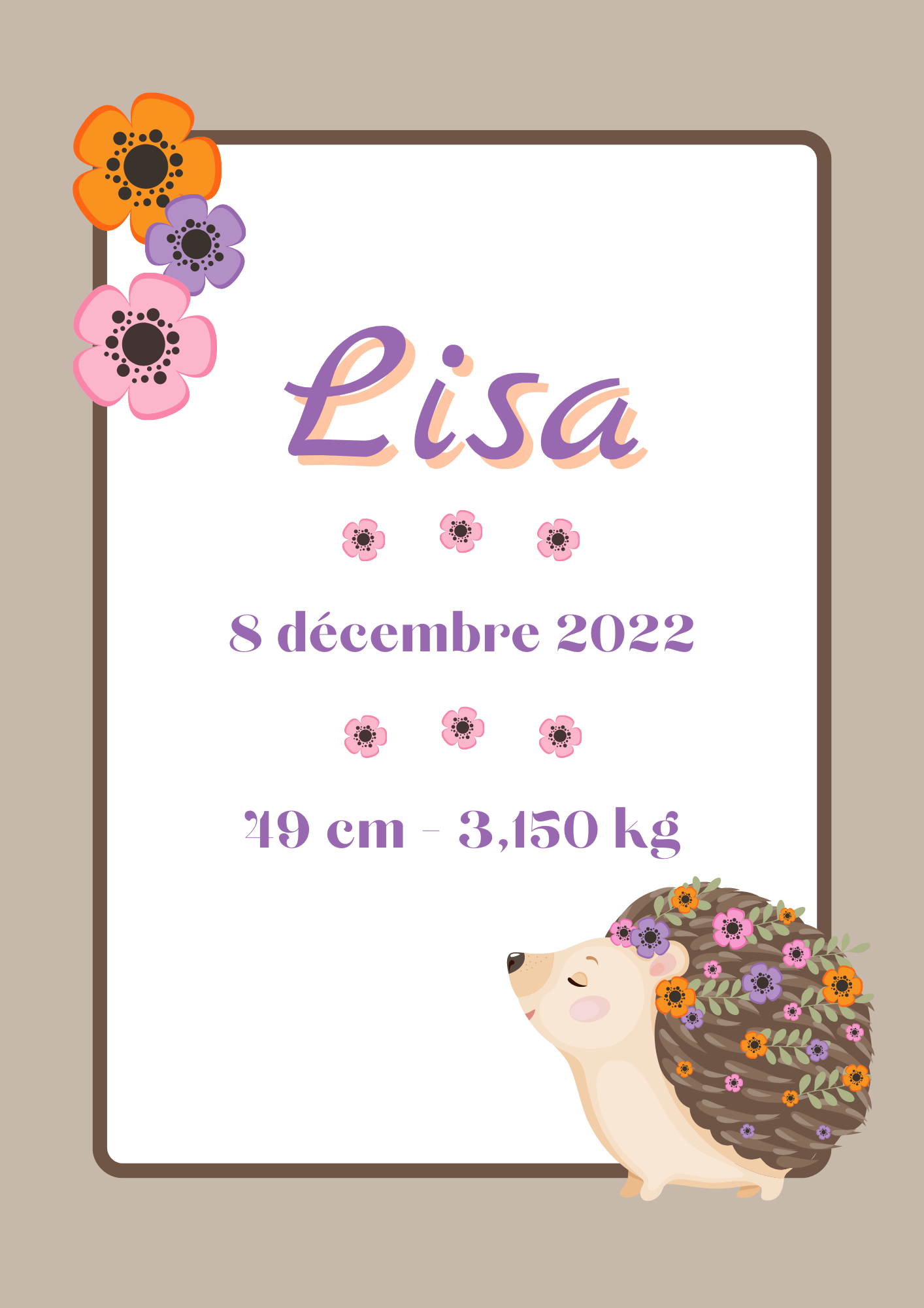 affiche de naissance dans les ton marron clair et mauve avec un hérisson et des fleurs