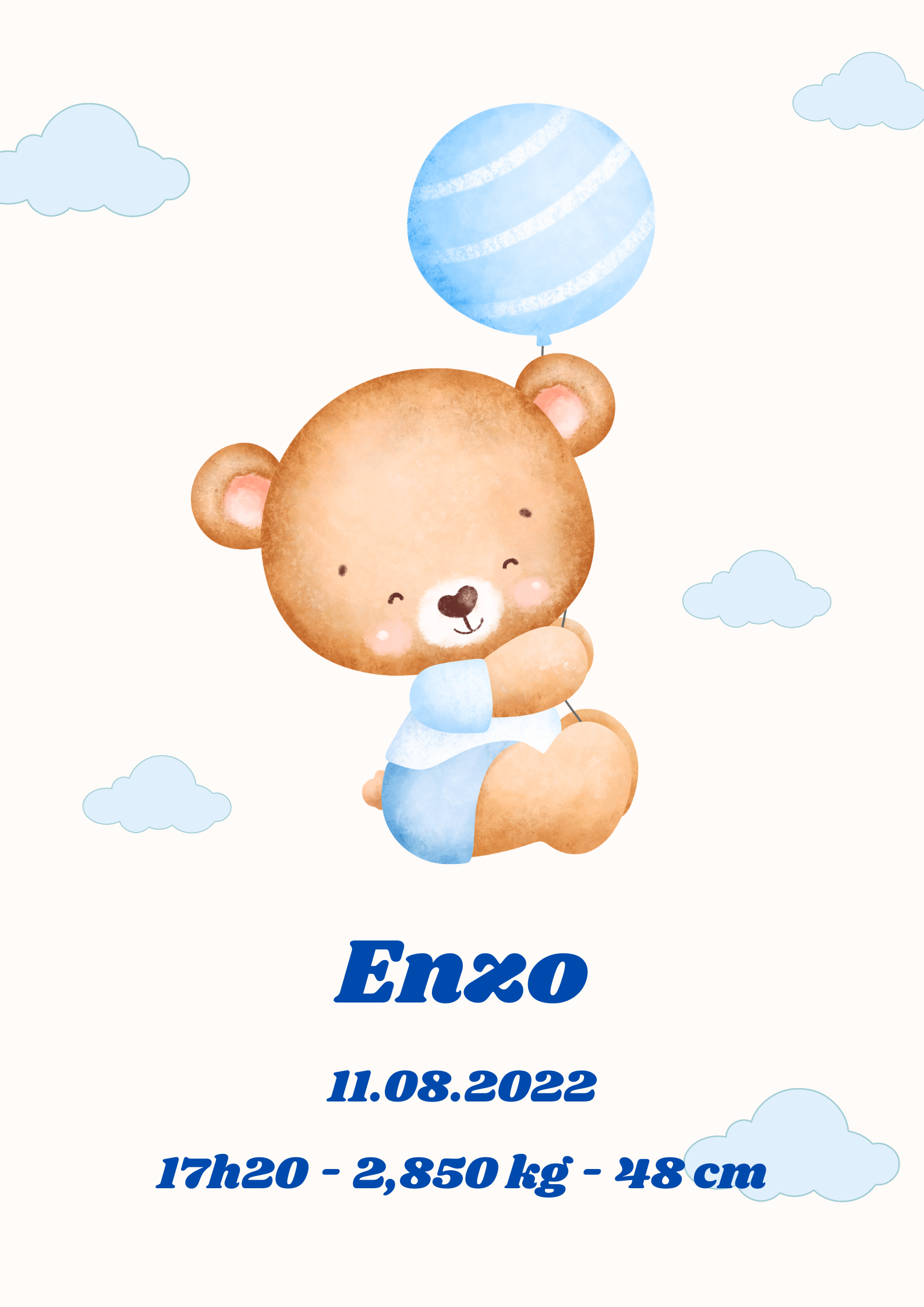 affiche de naissance avec prénom, date de naissance, heure, poids et taille du bébé. Ourson tenant un ballon dans le ciel