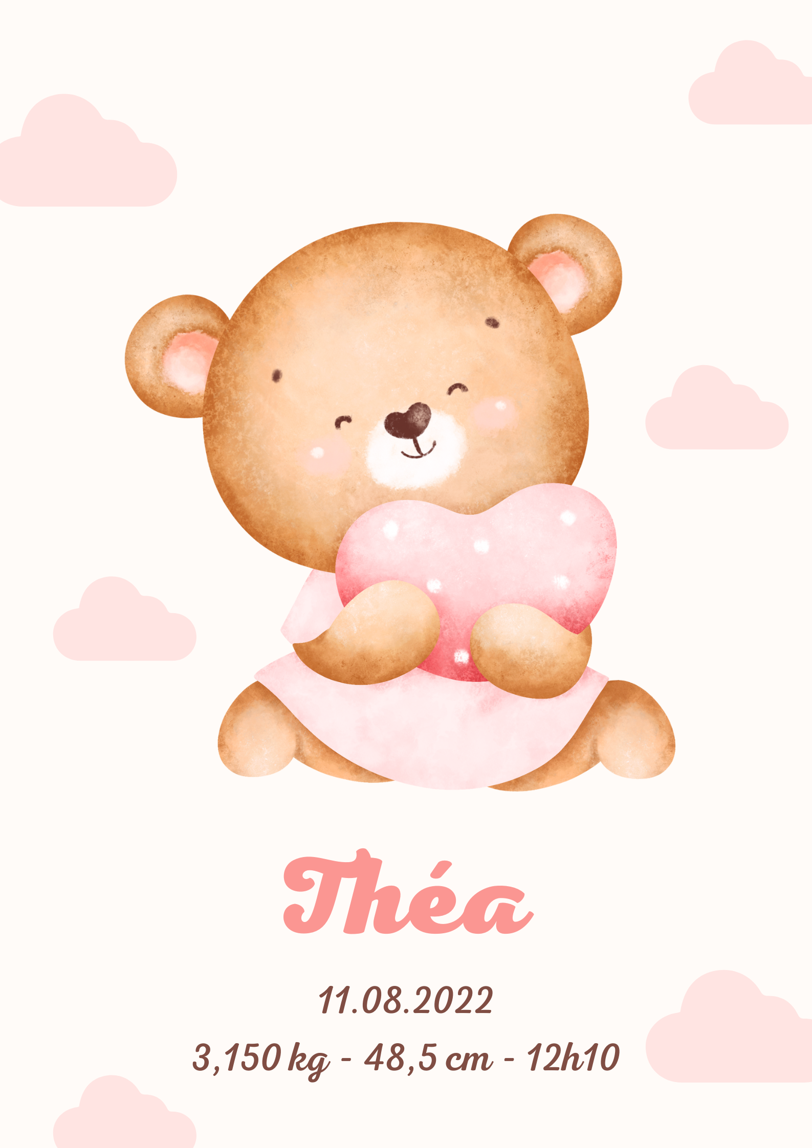 affiche de naissance avec un ours fille tenant un coeur rose
