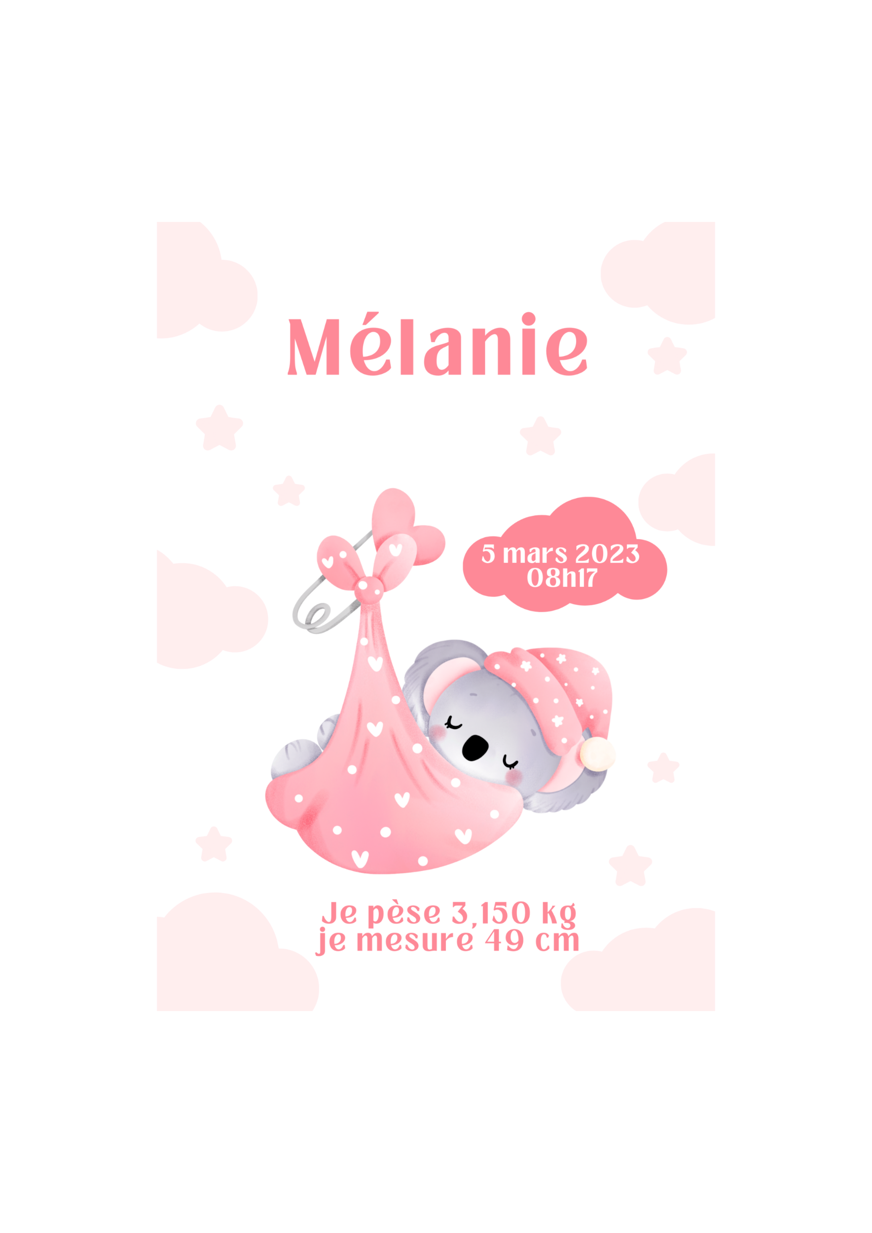 affiche de naissance koala nuage