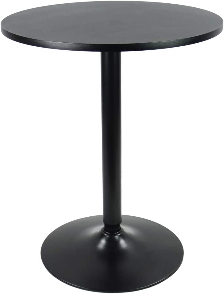 Table haute de bar de forme ronde, couleur noire, plateau bois et structure acier