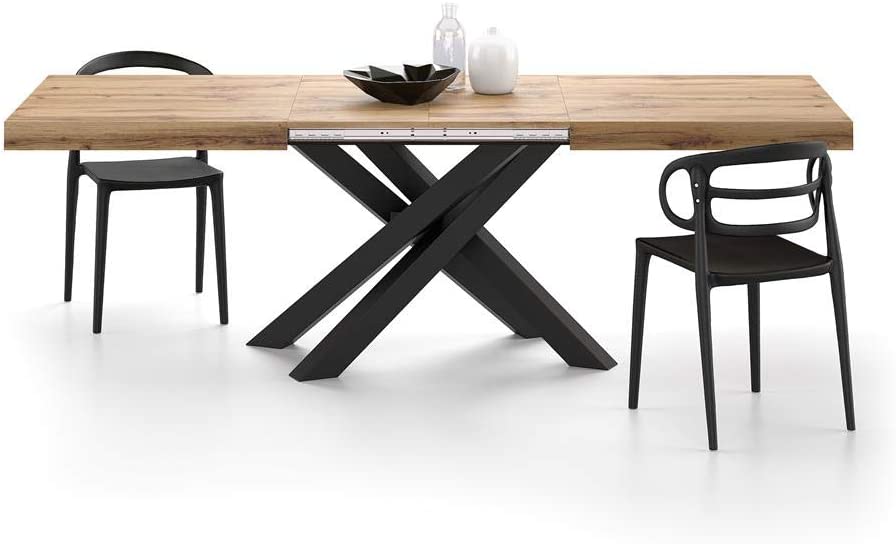 Table Extensible en bois rustique avec pieds noirs croisés 160, Mélaminé Fer, Emma