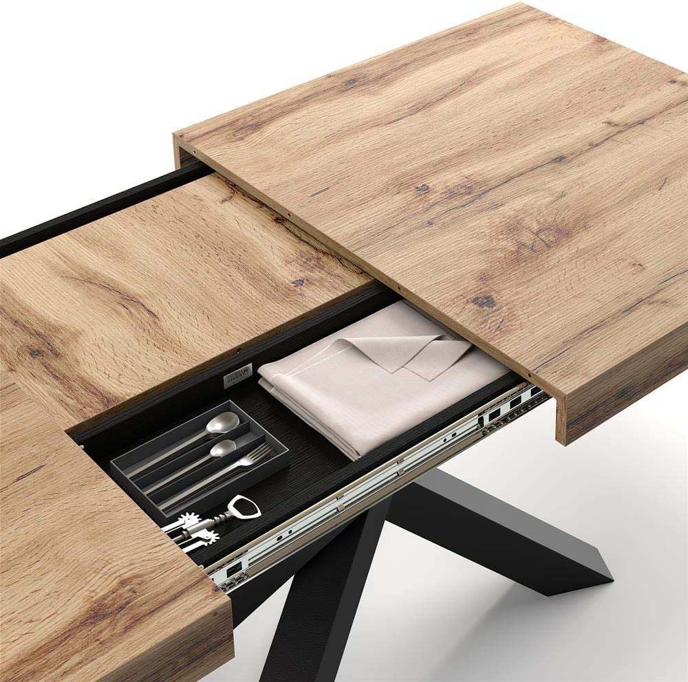 Système Table Extensible en bois rustique avec pieds noirs croisés 160, Mélaminé, Fer, Emma