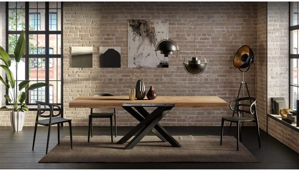 Ambiance Table Extensible en bois rustique avec pieds noirs croisés 160, Mélaminé, Fer, Emma