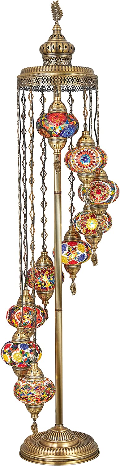 Lampadaire mosaïque 180 cm avec 9 grands globes, style turc / marocain, fabriqué à la main Tiffany