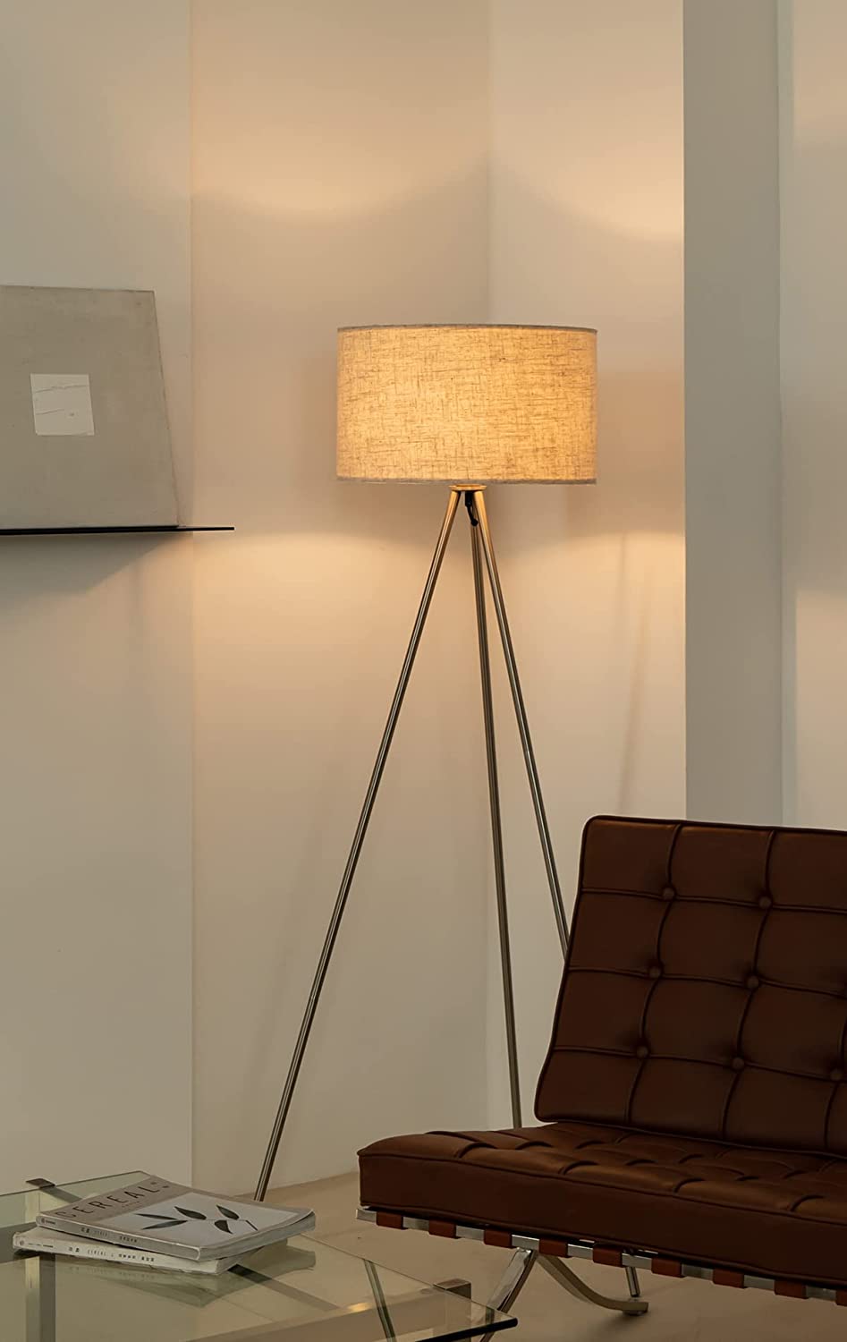 Ambiance Lampadaire LED avec abat-jour en lin, câble de 200 cm, interrupteur au sol et pied tripode en métal