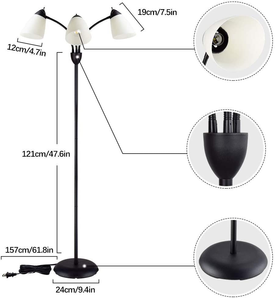 Dimensions Lampadaire sur pied 3 lampes LED réglable et flexible 165 cm Depuley