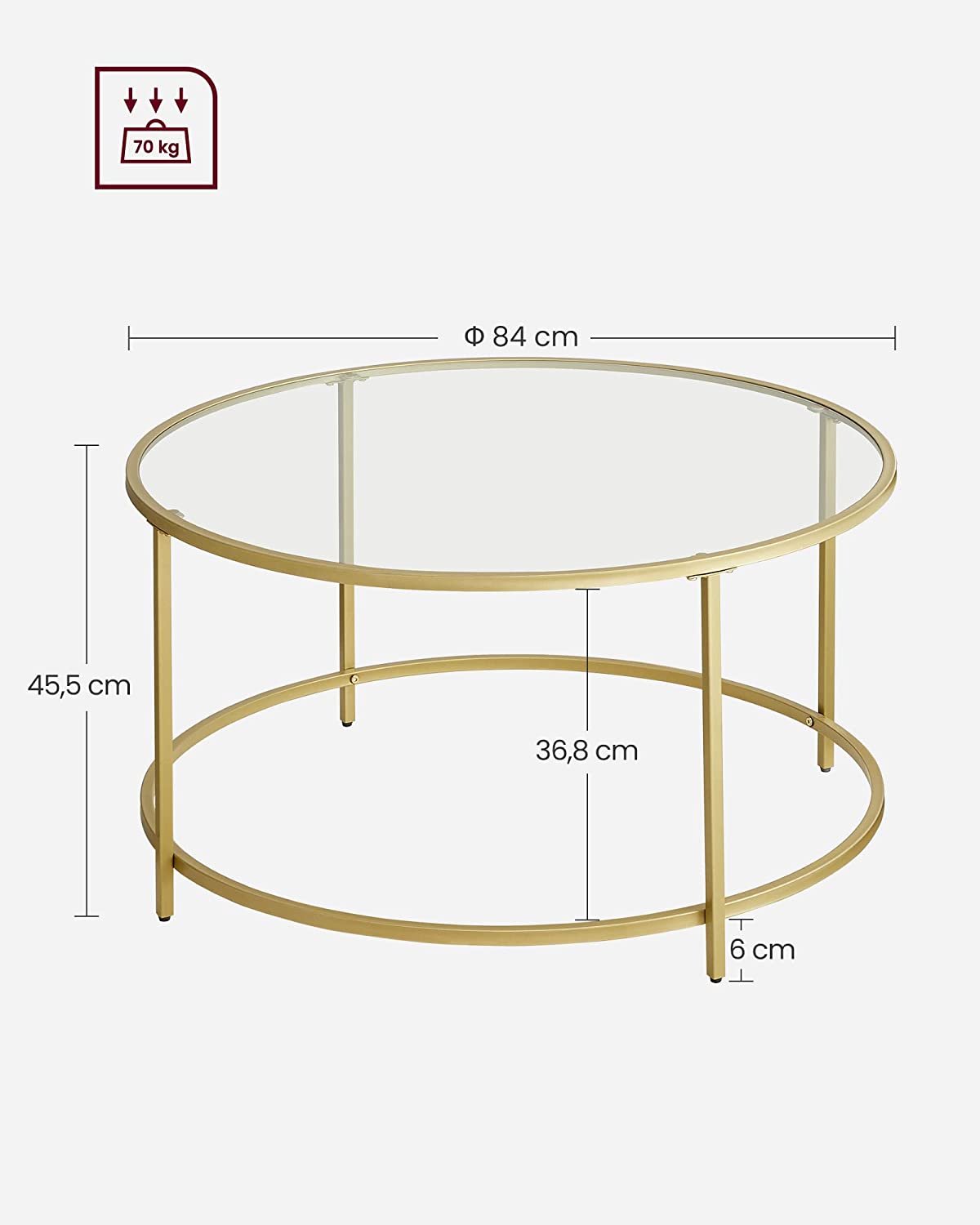 Dimensions Table basse de salon ronde avec plateau en verre et cadre doré VASAGLE