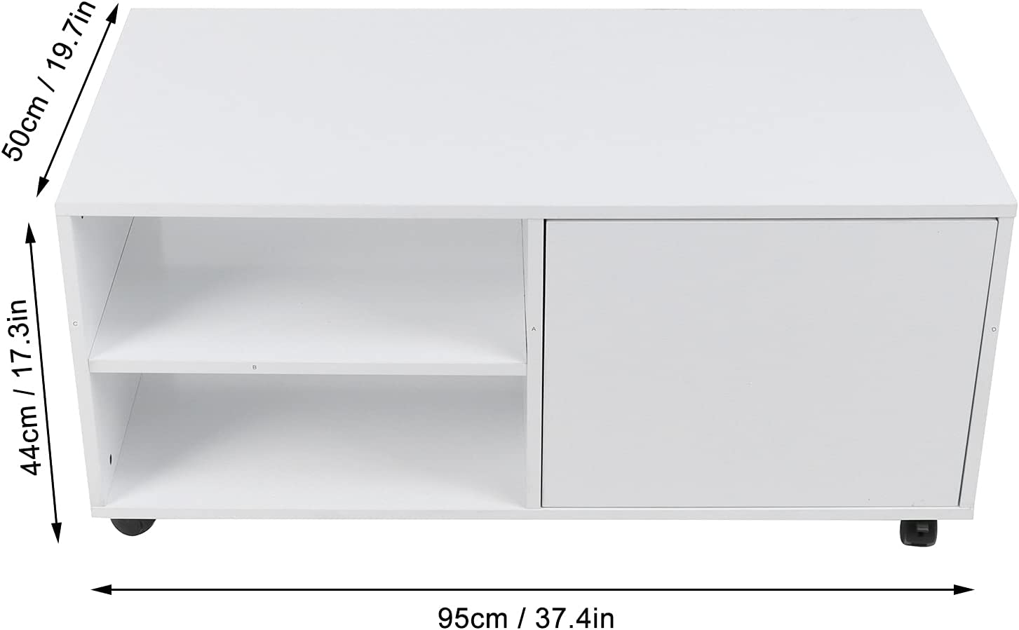 Dimensions Table basse moderne blanche avec étagères sur le dessus et compartiments ouverts 95 x 50 x 44 cm