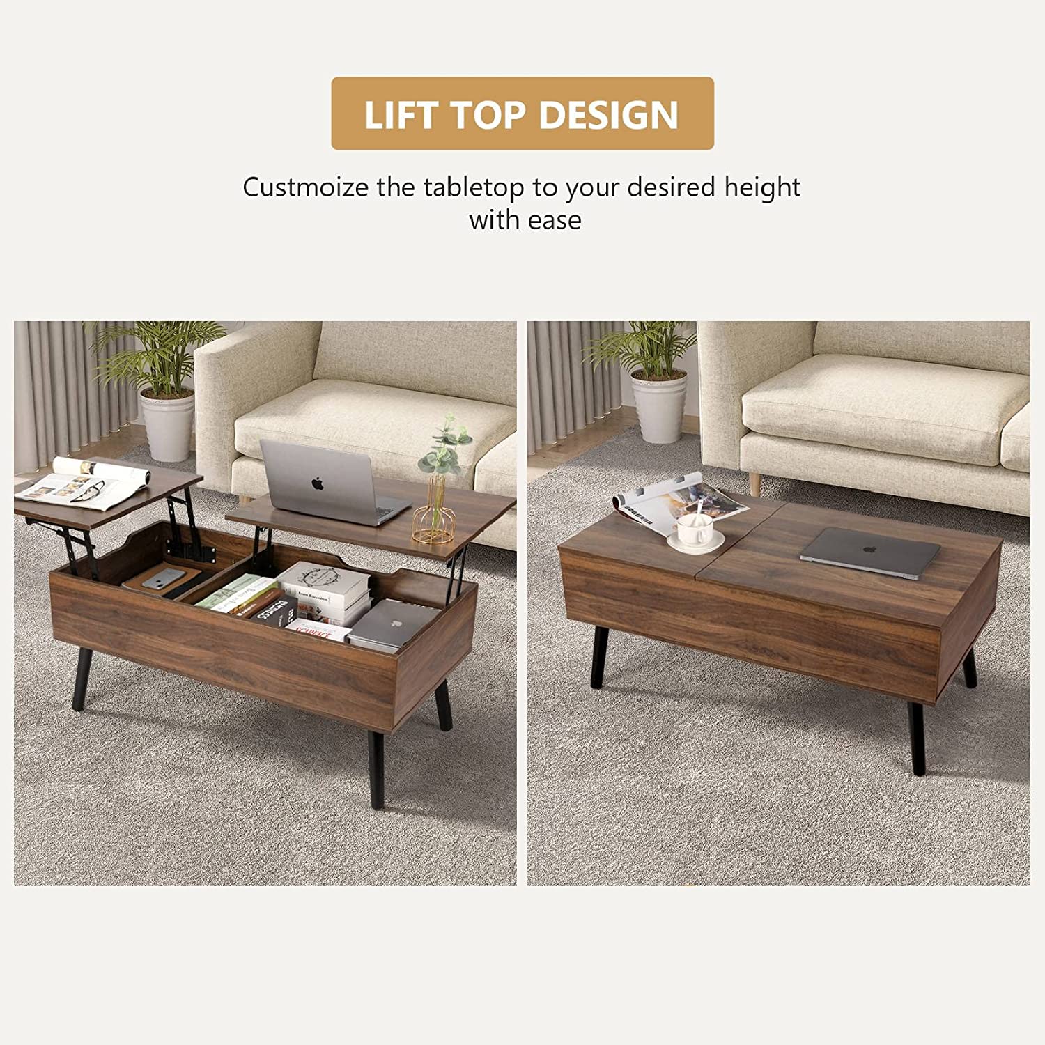 Positions de la Table basse en bois réglable en hauteur avec plateau extensible, compartiment de rangement VOWNER