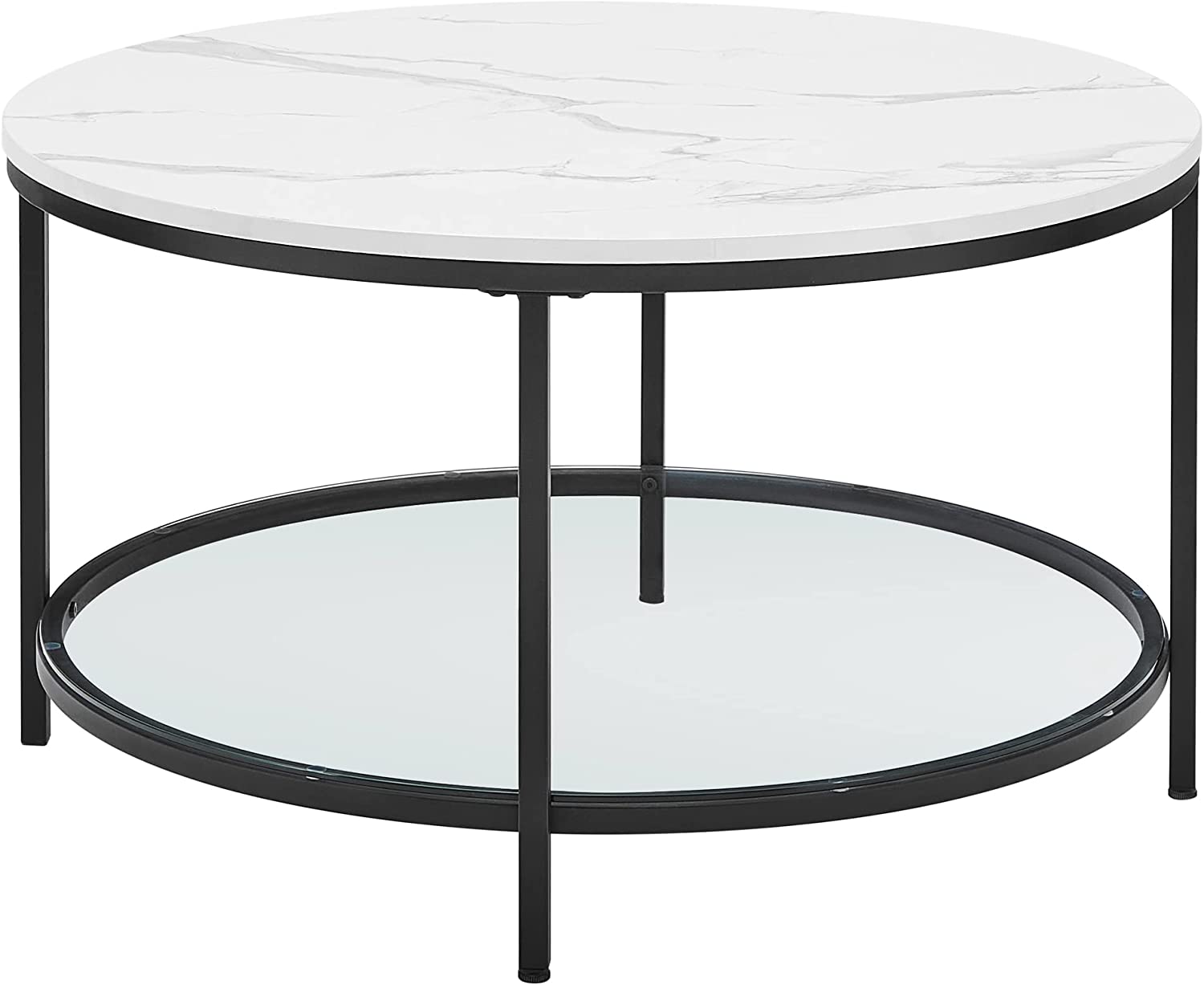 Table basse façon marbre blanche et noire avec support en verre trempé, facile à assembler VASAGLE