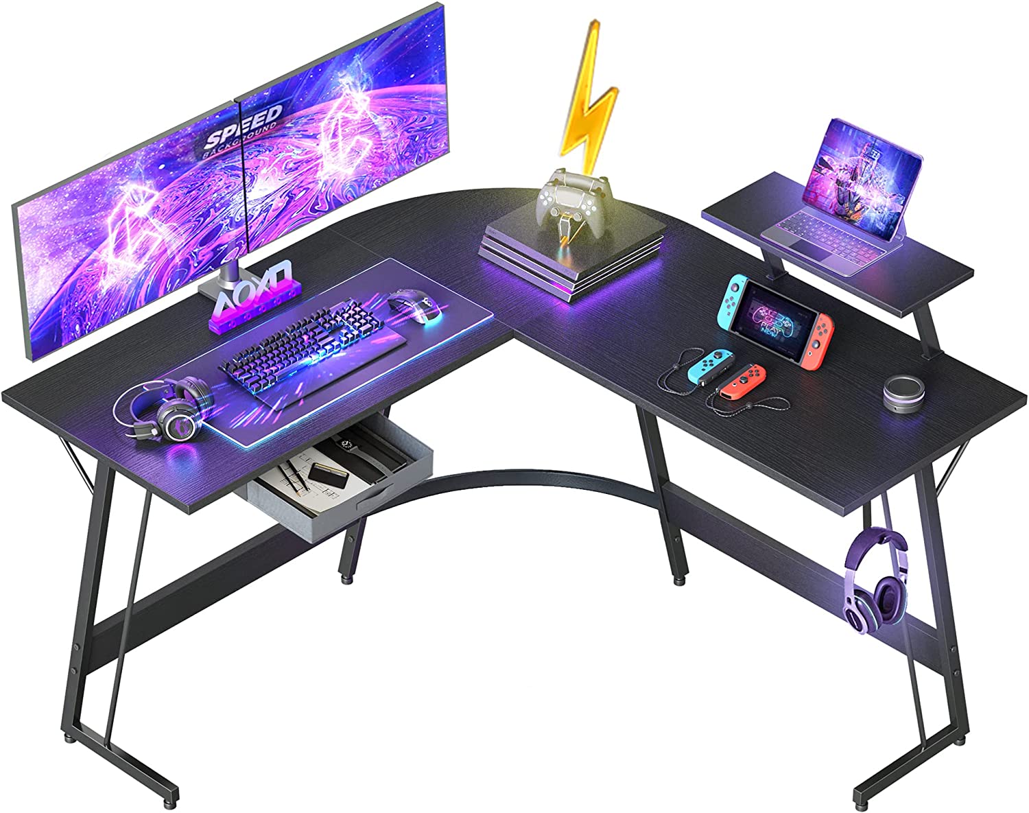 Bureau d'angle informatique ou Gamer avec plateau bois en forme de L et support écran réglable CubiCubi