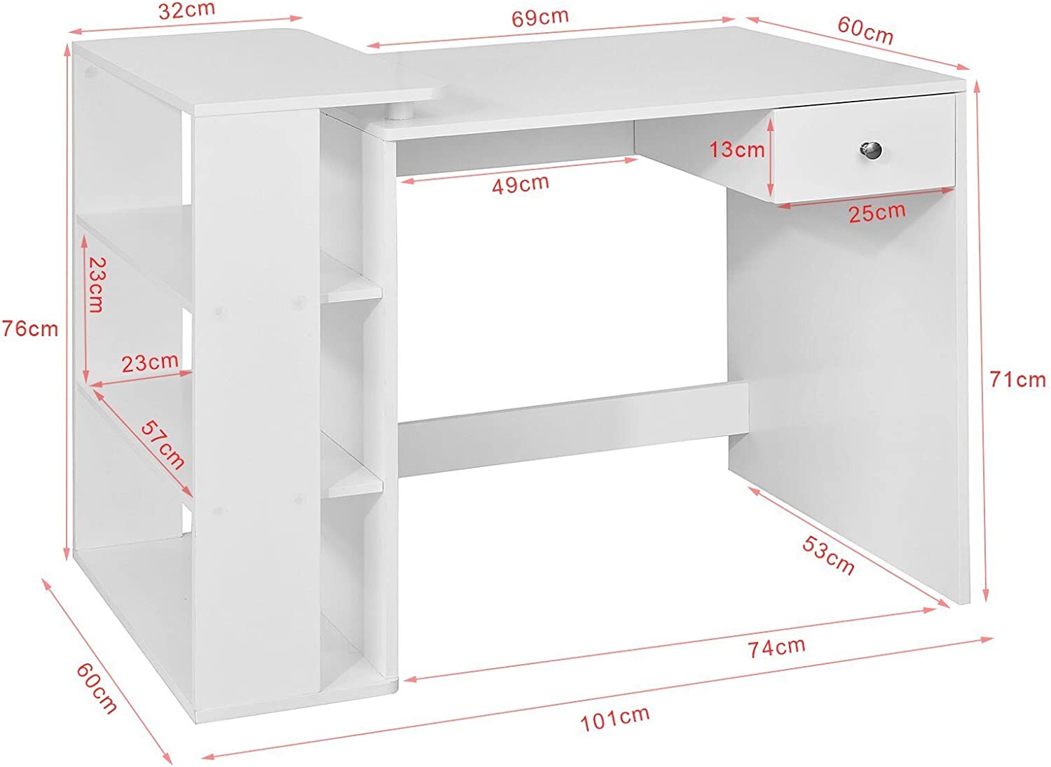 Dimensions Table bureau dordinateur avec 3 étagères et 1 tiroir blanc pour un travail organisé SoBuy FWT35-W