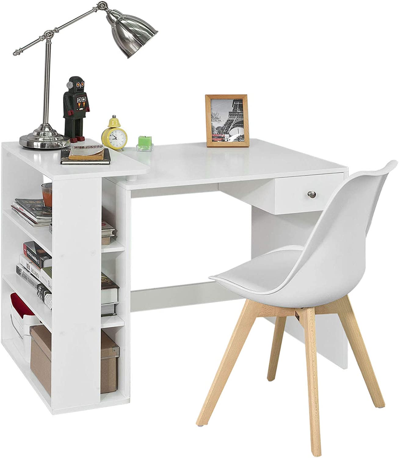 Table, bureau d\'ordinateur avec 3 étagères et 1 tiroir blanc pour un travail organisé SoBuy FWT35-W