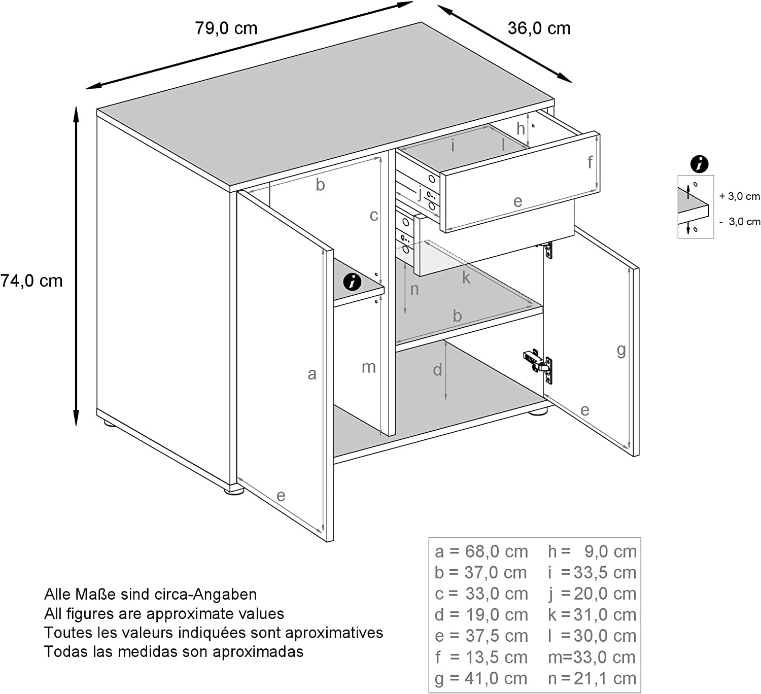 Dimensions Commode en bois blanche et noire mat avec 2 tiroirs et 2 grands espaces avec porte Vladon