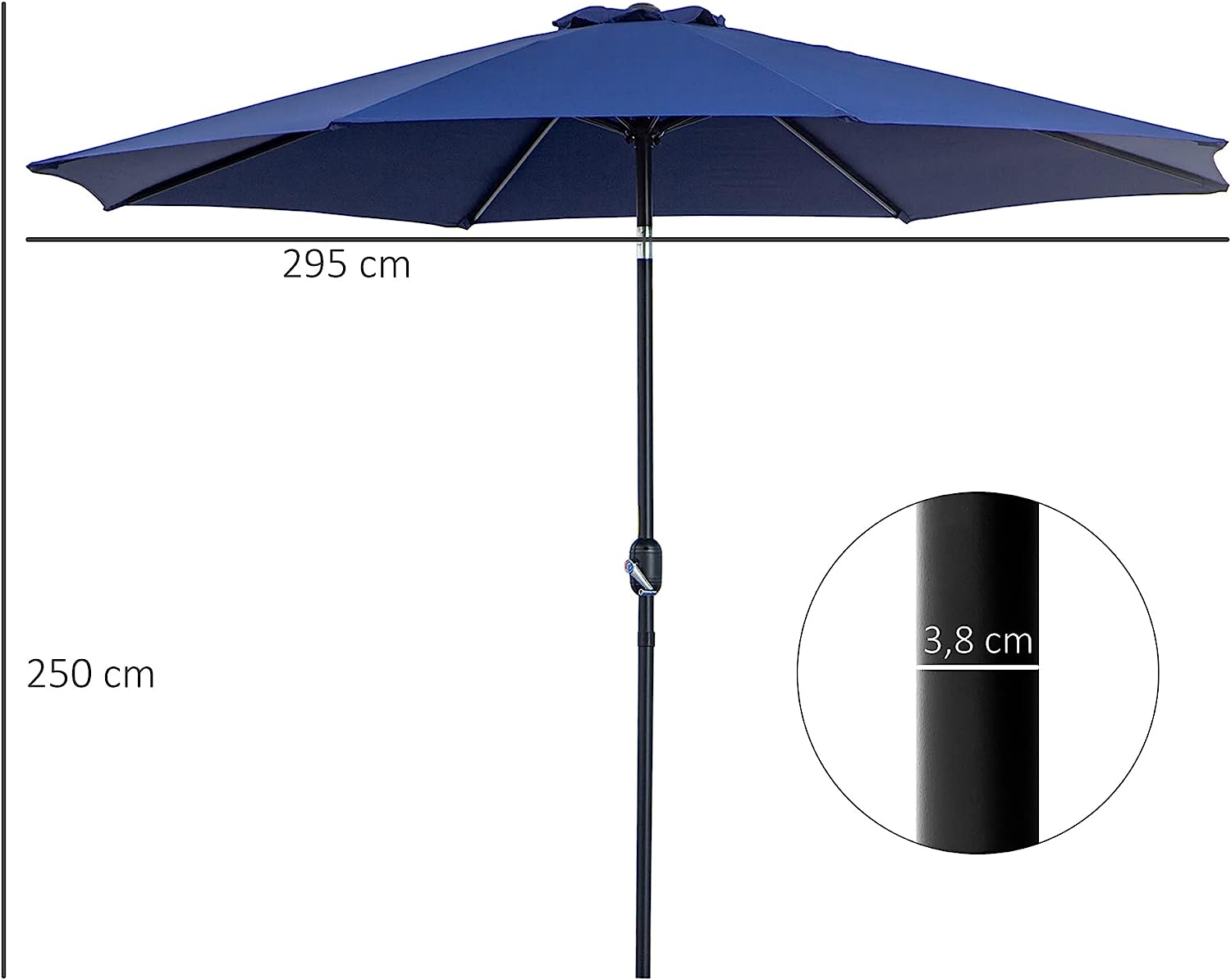 Dimensions du Parasol en métal Rond Polyester 180g par m² - Grande taille, inclinable et facile à utiliser par Outsunny