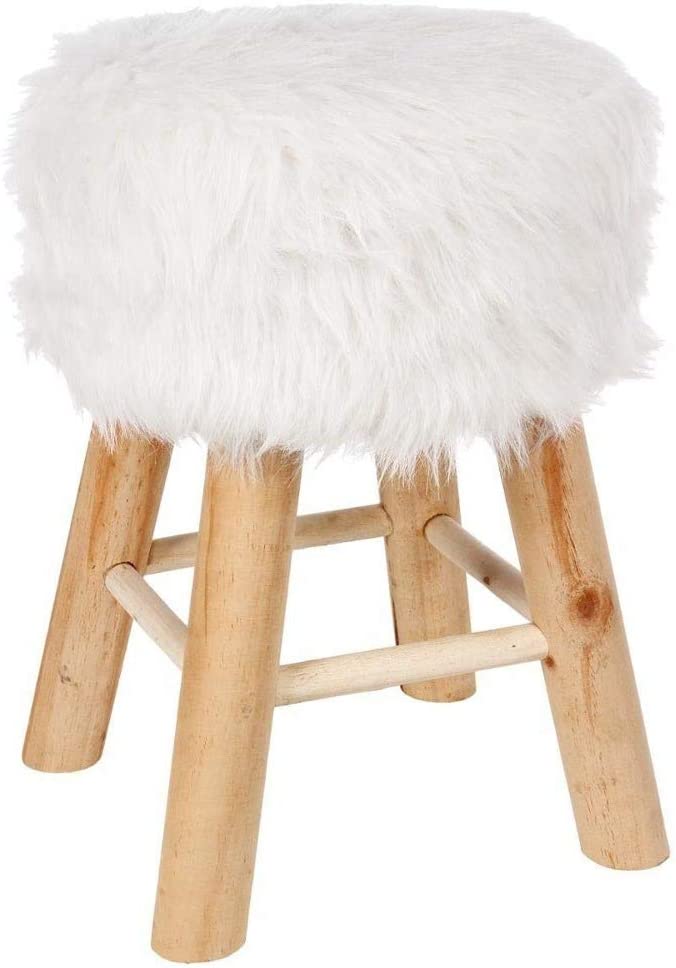 Pouf rond et design, en bois, avec assise en fourrure blanche ATMOSPHERA